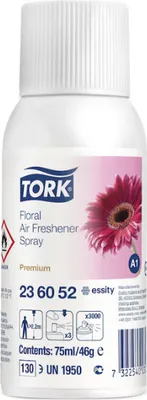 A Tork air freshener spray bottle with a floral design.
