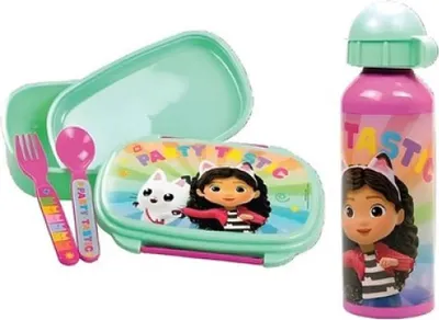 Produktbild von Gabbys Dollhouse Kinder 4 tlg Set Brotdose Alu-Trinkflasche 500 ml