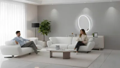 Zdjęcie produktu dla Komplet wypoczynkowy do salonu: sofa, szafka dolna, stolik kawowy. Nowoczesny styl, kolor biały