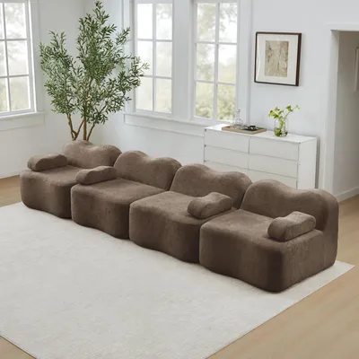 Image de Canapé modulable quatre places de forme ondulée, velours, mousse 32D, coussin d'accoudoir amovible, 384 x 98 x 70 cm, marron