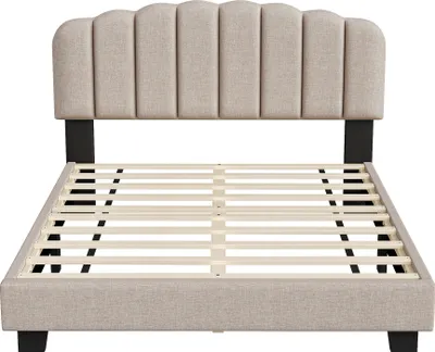 A bed frame with a headboard and slatted base, shown from the front.
