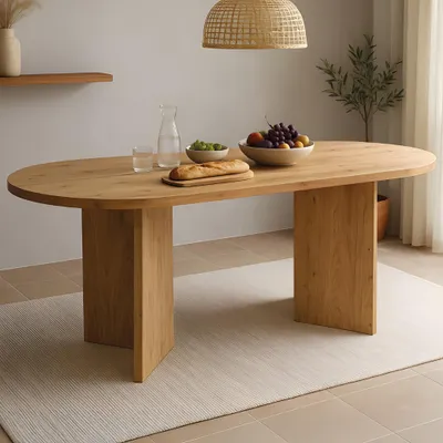 Produktbild von Esstisch Laurie | 204 x 90 cm | Akazienholz massiv | Farbe: Naturfarben | Oval mit gerader Kante | V-Gestell Holz | Esszimmertisch/Küchentisch aus Massivholz
