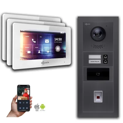 Produktbild von Goliath 2-Draht BUS Video Türklingel: 2 Fam. 3 Monitore, Fingerprint, RFID, Anthrazit : 7 Zoll in Weiß : Unterputzdose Monitor Auswahl: 7 Zoll in Weiß Türklingel Montagedose: Unterputzdose