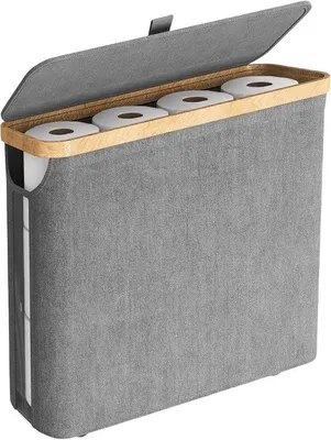 Productafbeelding van Bamboe toiletpapierhouder met deksel voor grote rollen toiletpapier, toiletpapierstandaard, toiletpapierbox voor de badkamer, toiletpapierorganizer, voor reservegebruik, grijs