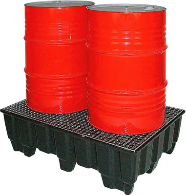 Image de Bac de rétention de sécurité en plastique, avec grille en métal galvanisé, dimensions : 1230 x 830 x 400 mm. Volume de rétention : 235 litres