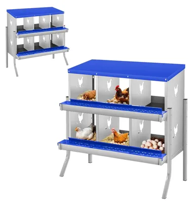 Produktbild von Metallisches Hühnernest - 6 Fächer mit Beinen - Verzinkter Stahl - Eiersammelschale - Sitzstange - Lüftungslöcher - Blau