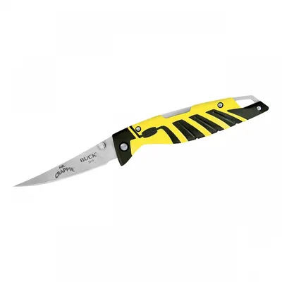 Produktbild von Buck Mr. Crappie Einhand-Anglermesser, Stahl 420HC, Back Lock, schwarz-gelber Nylongriff, Fangriemenöse