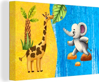 Produktbild von OneMillionCanvasses® - Leinwandbilder - 140x90 cm, Elefant - Giraffe - Wasser, Wandbilder Kunstdruck Wanddekoration
