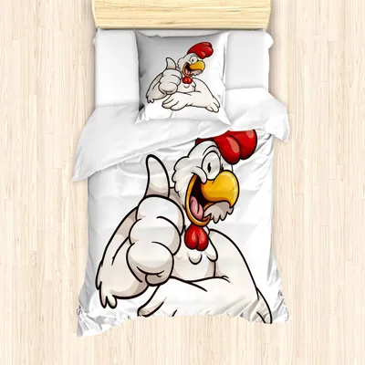 Obrázek produktu pro ABAKUHAUS Sada povlečení Lächeln, kreslený styl Joyous Huhn Geben Lustige Daumen, 135 x 200 cm + 80 x 80 cm, bílá Vermilion Eggshell