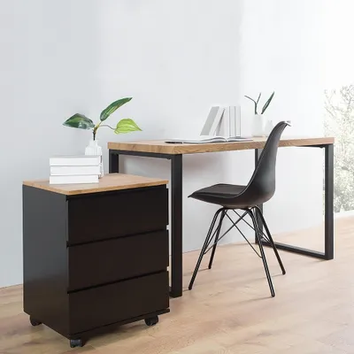 Produktbild von cagü: Design Rollcontainer [VANCOUVER] Schwarz & Eiche Platte mit 3 Schubladen 63cm Höhe