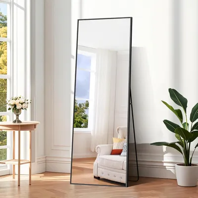 Obrázok produktu pre Fortuna Lai stojace zrkadlo 165x60cm, obdĺžnikové zrkadlo s čiernym kovovým rámom, HD zrkadlo do šatne alebo obývačky
