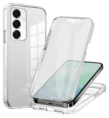 A transparent phone case is shown in two parts, with a phone inside one part.
