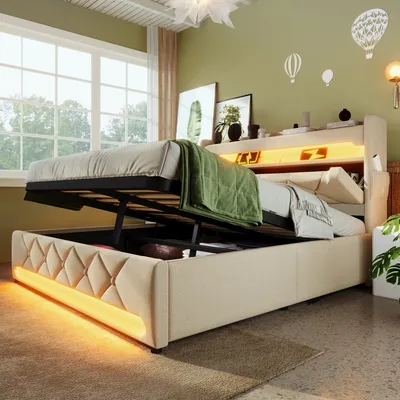 Immagine prodotto di Abrihome Letto imbottito 140x200cm con porta USB e tipo C, letto contenitore per ragazzi con LED, letti con contenitore idraulico, lino, beige (senza materasso)