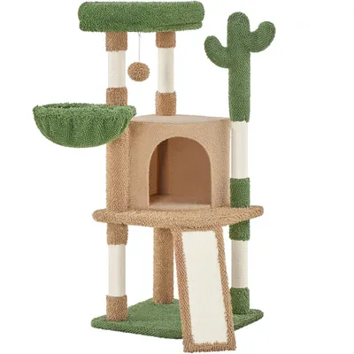 A cat tree with multiple levels and scratching posts, designed in a cactus theme.