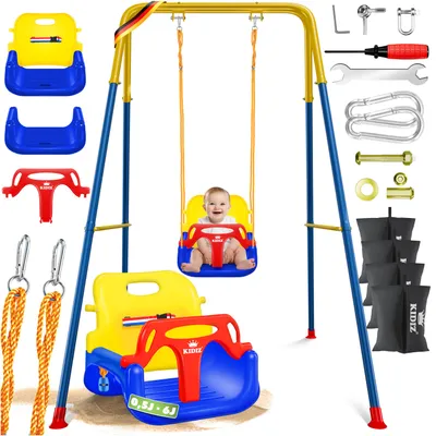 Immagine prodotto di Altalena per neonati KIDIZ® con struttura 3 in 1: altalena per bambini che cresce con loro, adatta a neonati dai 6 mesi e bambini fino a 10 anni, per uso interno ed esterno, con una portata massima di 100 kg; struttura dell'altalena comprensiva di 4 sacchi di sabbia da 5 kg riempibili