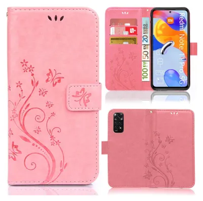 A collage of images showing a pink phone case with a floral and butterfly design, including views of the case open with card slots and closed, and a phone inserted into the case.