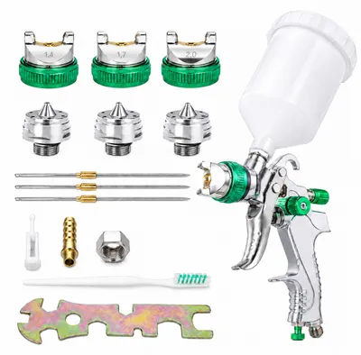 Produktbild von HVLP Lackierpistole mit 3 Edelstahldüsen 1,4mm 1,7mm 2,0mm 600ml Becher