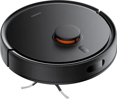 A black Xiaomi robot vacuum cleaner is shown from a slight diagonal angle against a white background.