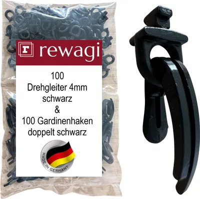 Immagine prodotto di rewagi 100 guide girevoli & 100 ganci per tende doppio nero per binario per tende, ganci per clip, ganci per pieghe, ganci per pieghe, ganci per tende.