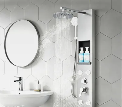 Produktbild von Duschsäule aus Edelstahl mit Massagedüsen Säule Wanddusche multifunktional Duschpaneel mit Ablage für Badezimmer