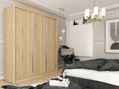 Produktbild von AGMAT Schwebetürenschrank Inari, Kleiderschrank mit 3 Türen und 2 Schubladen, Moderne Garderobe in Farbe: Sonoma, Schrank in Größe: 180 x 216 x 61 cm