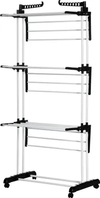 Produktbild von Wäscheständer, 4 Ebenen, klappbar, 4 Rollen mit 2 Bremsen, Metallrahmen, Schwarz, 73 x 64 x 177cm