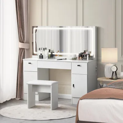 Productafbeelding van Make-up tafel met verlichting en kruk, wit, 117x40x135 cm