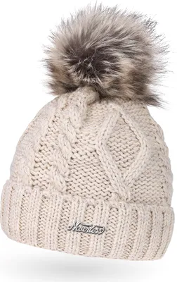 Produktbild von gefütterte Damen Strickmütze Fell-Bommel Fleece-Futter Kunstfell Winter-Mütze Bommelmütze Neverless® hell-beige unisize