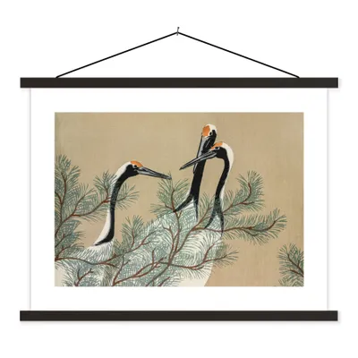 Produktbild von MuchoWow® Textilposter Kranich - Blätter - Japanisch - Vintage 40x30 cm mit schwarzem Rahmen - Dekorationen