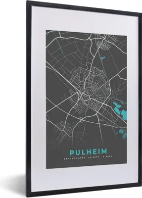 Produktbild von MuchoWow® Gerahmtes Poster Karte - Stadtplan - Pulheim - Deutschland - Blau 40x60 cm - Poster mit Schwarzem Bilderrahmen Wandposter Rahmen Foto Bilder - Poster in Rahmen