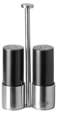 Produktbild von FINK Salz- und Pfefferstreuer ROCCO mit Ständer - Menage aus Edelstahl, schwarz pulverbeschichtet, silberfarben, H 15 cm