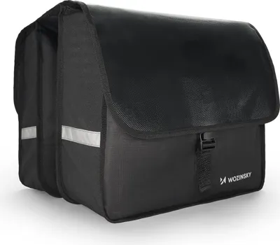 A black double bicycle bag is shown against a white background.