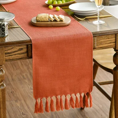 Obrázek produktu pro Artoid Fashion Terracotta Orange Rural Style Tassels Autumn Table Runner, omyvatelná dekorace na kuchyňský stůl pro párty, narozeniny, svatbu 33x243 cm