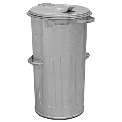 A metal trash can with a lid and handles, shown against a white background.