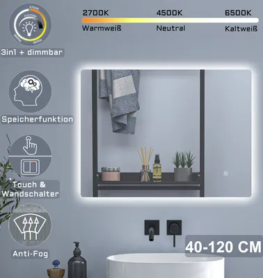 A lighted bathroom mirror with various features highlighted by icons and text.