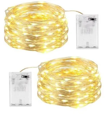 Productafbeelding van Led-lichtsnoer, werkt op batterijen, 100 leds, 10 m, warm wit, koperdraad, voor binnen en buiten, feest, tuin, Kerstmis, bruiloft, 2 stuks (warmwit)