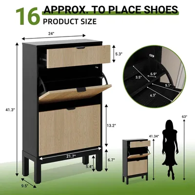 Image de Meuble à chaussures pour le couloir - Meuble à chaussures à compartiments basculants - 3 compartiments (dont 2 basculants) - Design élancé - Façade rainurée - Bois - Chêne noir