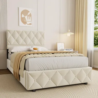 Produktbild von okwish Jugendbett 90×190 mit Bettkasten und Kopfteil in Knopfnahtverzierung, Polsterbett mit Lattenrost, Einzelbett Beige, ohne Matratze