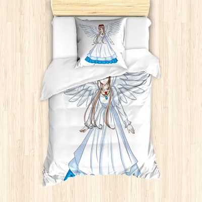 Produktbild von ABAKUHAUS Anime Mantele, Cartoon mit Angel Wings, Milbensicher Allergiker geeignet mit Kissenbezügen, 135 cm x 200 cm - 80 x 80 cm, Weiß Blau