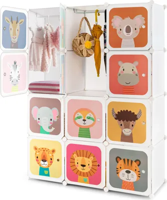 Produktbild von GOPLUS Kleiderschrank Kinder mit 12 Würfeln, Kinderregal mit Türen & Aufhängern, Regalsystem aus Kunststoff für Spielzeug, mit 12 Würfeln, Weiß
