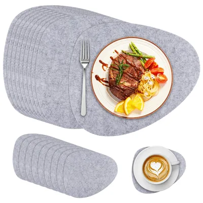 10 ovale Filz-Placemats 38,4x33,5 cm hellgrau mit 10 Untersetzern, abwaschbar
