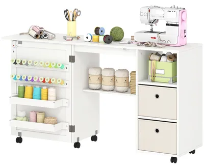 Produktbild von Klappbarer N?htisch mit 6 Rollen, 18 Haken, 2 Schubladen und 3 F?chern, Wei?