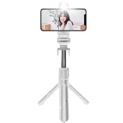 Produktbild von Selfie-Stick für iPhone, kabelloses Bluetooth-Stativ, Selfie-Stick mit LED-Licht, abnehmbare Fernbedienung, 360-Grad-Drehung, kompatibel mit iPhone und Android-Smartphone(Weiß)