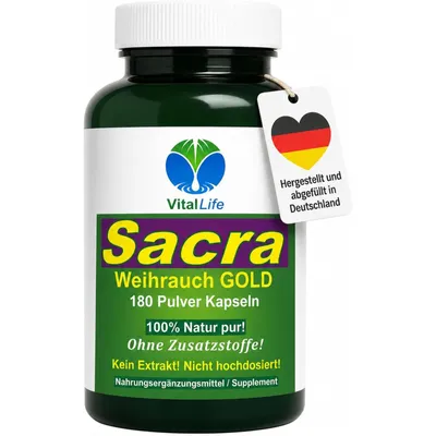 Zdjęcie produktu dla Weihrauch Boswellia Sacra Gold, 180 kapsułek w proszku, naturalny, czysty produkt. Nie zawiera wysokich dawek, ekstraktów, dodatków ani substancji wypełniających