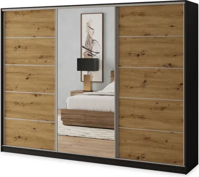 Produktbild von Masseno Schiebetürenschrank NATA 270/205/58 cm Kleiderschrank mit 4 Schubladen Schlafzimmer Schrank 3-türig mit Spiegel Schwarz / Eiche Artisan
