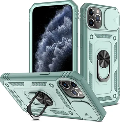 Produktbild von iPhone 11 Pro Hülle, Schiebe Kamera Schutz Robust Rüstung Stoßfest Schutzhülle mit Ringhalterung Ständer Kartenhalter für iPhone 11 Pro Rot
