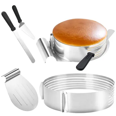 Zdjęcie produktu dla Zestaw do tortów Jayseuw: łopatka do tortów, nóż do tortów, przyrząd do krojenia spodu tortu – obręcz do tortów ze stali nierdzewnej, 4-częściowy
