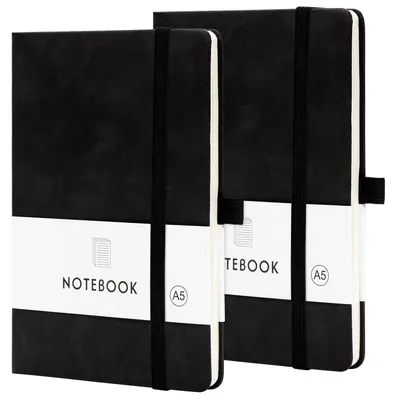 Image de Cahier A5 ligné, lot de 2, 160 pages, couleur noire, couverture rigide en similicuir