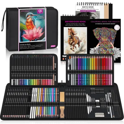 Image de Set de dessin crayons - 136 pièces - Crayons de couleur et crayons graphite - Carnets de croquis - Noir - Pour voyage et dessin artistique