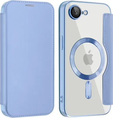 Image de Étui pour iPhone 16e/iPhone 17e compatible MagSafe, étui transparent avec porte-cartes, étui en cuir avec protection pour l'appareil photo, bleu clair